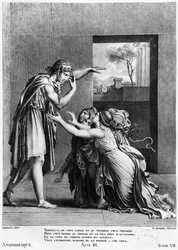 Andrómaca aos pés de Pirro, ilustração do Ato III Cena 7 de &39;Andromaque&39; de Jean Racine (1639-99) gravado por Henri Marais (bc1768)