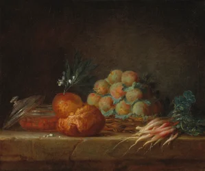 Ainda vida com brioche, frutas e legumes, 1775