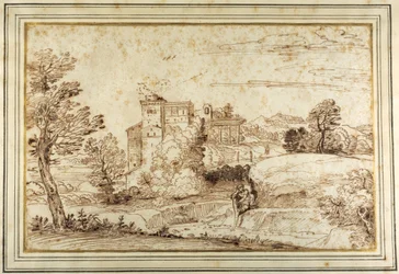 Paisagem com um castelo e as ruínas de um pórtico clássico (caneta e tinta castanha sobre papel)