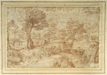 Paisagem com o resto no vôo do Egito, depois de Annibale Carracci (caneta e tinta marrom sobre papel)