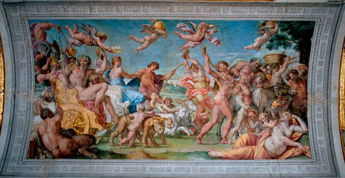 Bacchus (Dionysos, Bacco) em seu tanque retorna da Índia e encontra Ariane abandonado por Thesee Fresco por Annibale Carracci (Annibal Carrache) (1560-1609). 1597-1600 Roma, Palazzo Farnese