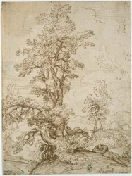 Paisagem com um homem a dormir debaixo de uma árvore (anverso); Paisagem com um cavaleiro (verso)