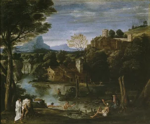 Paisagem com rio e banhistas