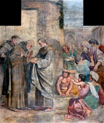 O Milagre das Rosas - Acusado de roubar comida, o monge franciscano espanhol São Diego de Alcalá (1400-1463) descobre que a comida escondida no seu manto para dar aos pobres se transformou em rosas - Pintura de Annibale Carracci (An
