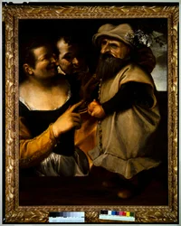 Homem e mulher admirando uma criança em traje de máscaras, c.1582-85 (óleo sobre tela)