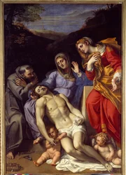 Pieta com São Francisco de Assis e Santa Maria Madalena Pintura de Annibale Carracci ou Annibal Carrache (1560-1609). 1602. Sol 2,77x1,87 m