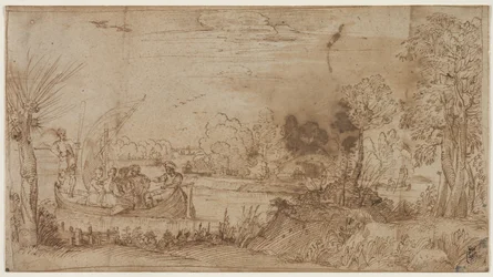 Paisagem fluvial com barcos
