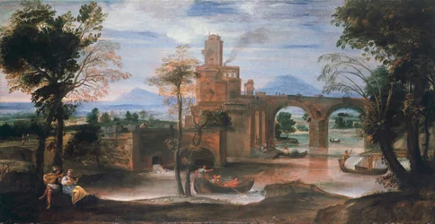 Paisagem fluvial com castelo e ponte, c.1598 (óleo sobre tela)