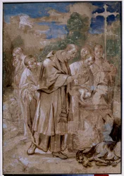 São Carlos Borromeo a baptizar uma criança. A ovelha morta e os esboços de camadas de corpos ao lado dos quais um homem fecha o nariz para não respirar o cheiro sugere que o desenho retrata o arco de São Carlos Borromeo de Milão (Carlo Borromeo