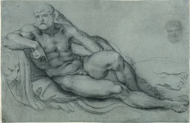 Estudo de Hércules em repouso, com estudos separados da cabeça e do pé (anverso); desenho de grelha retangular (verso)