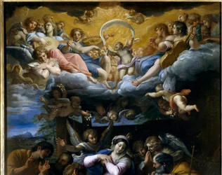 A Adoração dos Pastores Detalhe representando um concerto de anjos celestiais cantando a glória de Deus. Pintura de Annibale Carracci ou Annibal Carrache (1560-1609). 1597. Orleans, Museu de Belas Artes.
