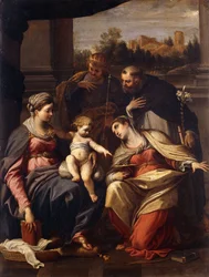 A Madonna e a Criança com os Santos Lucy, Dominic e Louis da França, uma paisagem com uma cidade através de um caixão além,