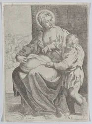 A Virgem sentada segurando uma almofada no colo com o jovem Cristo de pé à direita..., 1580-1600.