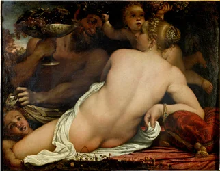 O bacante, Vênus, sátira e dois cupidos, detalhe (óleo sobre tela, ca. 1588)