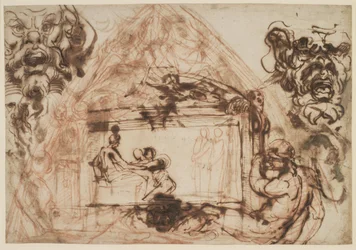 Esboço para a decoração de um manto de abóbada. Para Galleria Farnese, Palazzo Farnese em Roma. Esboce também dois mascheroni