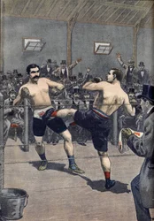 Um ataque de boxe: vitória do campeão francês Joseph Charlemont (1839-1918) contra Jerry Discroll com a técnica de "savate" no Le PetitJournal 1899