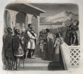 Uma delegação da cidade de Clermont oferece o episcopado a São Sidoino Apolinário (Caius Sollius Apollinaris Sidonius) político, eveque e escritor galo-romano (430-486). Gravura de 1846 em "Vidas dos Santos". Coleção privada.