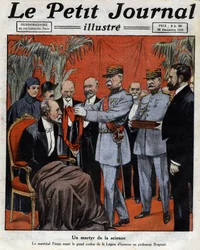 Um mártir da ciência: Marechal Philippe Petain (1856-1951) entregou o grande cordão da Legião de Honra ao Professor Jean-Alban Bergonie (Jean Alban Bergonie) (1857-1925), um médico francês de cancro. Gravura. Um dos jornais "Le Petité Journal illu
