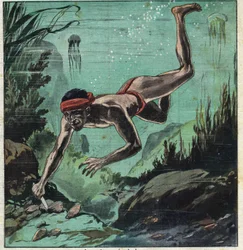 Um pesquisador de pérolas arriscando sua vida nos mares tropicais do Ceilão e Polinésia para fornecer elegância com colares e jóias. Ilustração retirada do "Le Petite Journal" 11/03/1923 Coleção particular.
