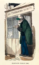 Um escritor público em 1840 em Paris, gravura, coleção privada - Um escritor público em Paris