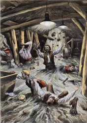 Um rio invade o túnel de Loetschberg na Suíça durante a construção. Gravura do jornal "Le Peute Parisien", 9/08/1908. Coleção privada.