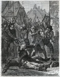 Uma cena durante a Revolução Francesa: Theobald de Dillon (1745-1792) e um oficial de engenharia chamado Berthois foram massacrados pelos soldados e pelo povo de Lille, que os acusava de traição. Gravura de 1866 em “Histoire de la Révolution française”