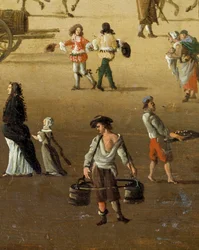 Um carregador de água levantando dois baldes na Pont Neuf em Paris no século 17 Detalhe. Uma pintura anónima. Paris, Musee Carnavalet