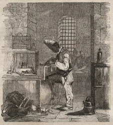 Uma força de trabalho no Brest Bagne, no século XIX. Gravação em "Histoire des bagnes depuis leur création à nos jours" (1877) de Pierre Zaccone (1817-1895) (Colonia Penale - colônia penal). Coleção particular.