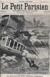 Acidente no Sena em Paris - O afundamento de um barco ómnibus: a tripulação do barco salta para o Sena para escapar. Le Petit Parisien, 18/12/1898.
