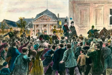 Aclamação da multidão na partida de Otto von Bismarck (1815-1898) deixando o cargo e Berlim em 29 de março de 1890 Gravação do final do século XIX. Coleção Particular
