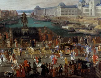 Actividades e passagem na Pont Neuf em Paris Pintura anónima do século XVII. Paris, Musee d