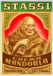 Anúncio de licor de amêndoa com um monge de bochechas vermelhas