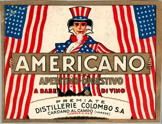 Anúncio para a bebida curta italiana Americano, com personificação alegórica da América Tio Sam