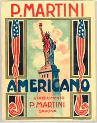 Anúncio para a bebida curta americana italiana Americano, com bandeira americana e estátua da liberdade