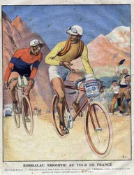 Publicidade para o quadro Robbialac: "Robbialac triunfa no Tour de France". Um ciclista vende os méritos da pintura Robbialac para a sua bicicleta. Gravura. Um dos "The Little Journal Illustrates".