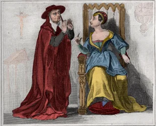 Agnes Sorel (1422-1450) (Lady of Beaute sur Marne) (Beaute-sur-Marne) com um cardeal. Gravura de 1859 em "Le Monde. História de todos os povos desde os tempos mais remotos até aos nossos dias". por M. E. de Lostalot-Bachoue (Lostalot Bachoue)...