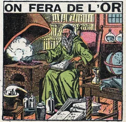 Alquimista da Idade Média no seu laboratório à procura de fazer ouro. Ilustração anónima de 1925. Colecção privada.