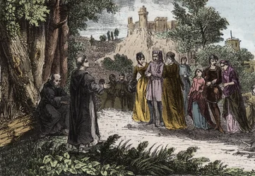 Heresia alienígena - pregação de São Domingos ao Albigense - Santa Domingas (Dominica de Guzman) (1170-1221) pregação aos Albigeois - Gravura de 1846 em "Vidas dos Santos". Coleção privada.