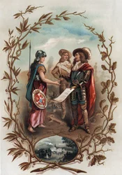 Alegoria relacionada com o Tratado de Aachen. Assinado a 2 de Maio de 1668 entre França e Espanha, pôs fim à Guerra da Devolução e entregou a Flandres à França. Cromolitografia em "Turenne; sa vie, les institutions militaires de son temps" (1884) de Jules 