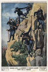 Caçadores alpinos à procura de turistas alemães perdidos. Eles queriam ir para a montanha Nero (Helmet du Nero) do maciço de Chartreuse. Gravura no "Le Petite Journal", em 7/07/1912. Coleção privada.