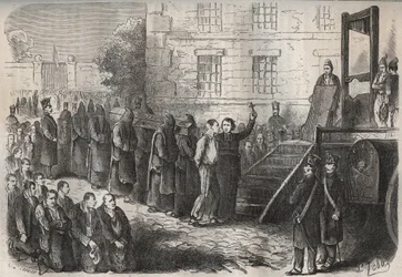 Uma execução no Toulon Bagne, no século XIX. Gravação em "Histoire des bagnes depuis leur création à nos jours" (1877) por Pierre Zaccone (1817-1895) (Colonia Penale - colônia penal). Coleção particular.