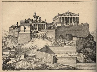 Grécia Antiga: o Parténon, templo de Atena, na colina da Acrópole de Atenas (Grécia Antiga: Atenas, Acrópole - Parténon - gravura, 1890)