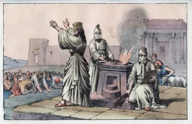 Antiga civilização persa: magos, sacerdotes oficiais e discípulos de Zarathoustra (Velho Oriente, Persas: Mago) - gravura de "Usos e costumes de todos os povos do Universo". Ou História do Governo, Leis, Milícias, Religião