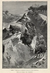 Andjera insurreição da montanha em Marrocos: emboscada de Angherrists à espera das tropas xeriffianas. Gravura em "Le monde illustree" de 1892. Colecção privada.