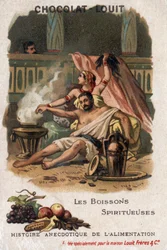 História anedótica dos alimentos: bebidas espirituosas (bebidas fermentadas). Sansão, sob a influência dos licores de Dalila, deixa-se cortar o cabelo e perde as forças. Cromolitografia de Chocolate-Louit, final do século XIX. Coleção particular.