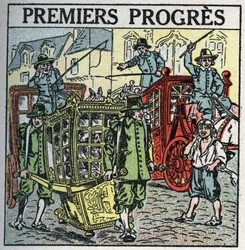 Tracção animal: uma cadeira de transporte que perturba o trânsito. Ilustração anónima de 1925. Coleção privada.