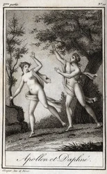 Apollo e Daphne. A ninfa Daphne transforma-se num loureiro para escapar ao Apollo. Gravura de 1819 em "Lettres a Emilie sur la mythologie" de Charles Albert Demoustier (1760-1801). Coleção privada.