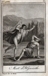 Apolo e Jacinto (Morte de Jacinto) Gravura de 1819 em "Lettres a Emilie sur la mythologie" de Charles Albert Demoustier (1760-1801). Coleção particular.