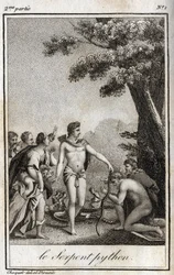 Apollo e a cobra Python no Monte Parnassus. Gravura de 1819 em "Lettres a Emilie sur la mythologie" de Charles Albert Demoustier (1760-1801). Coleção privada.