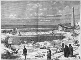 Arqueólogos no Egipto: as agulhas (obeliscos) de Cleopartre a Alexandria. Gravura em "O Universo Ilustrado".
